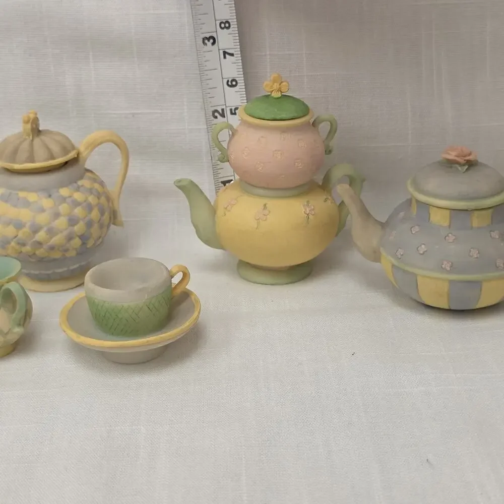 Russ Berrie Miniature Resin Teapot Tea Set Mixed Lot 8 Pc Dollhouse Fairy Garden